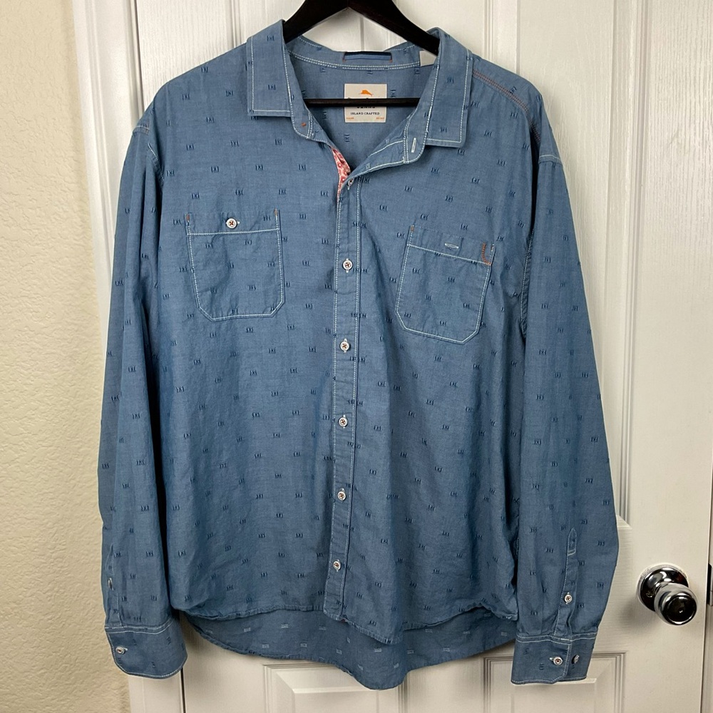 Tommy Bahama Jeans Men’s Denim Colored Cotton Button Up Long Sleeve Shirt,  XXL